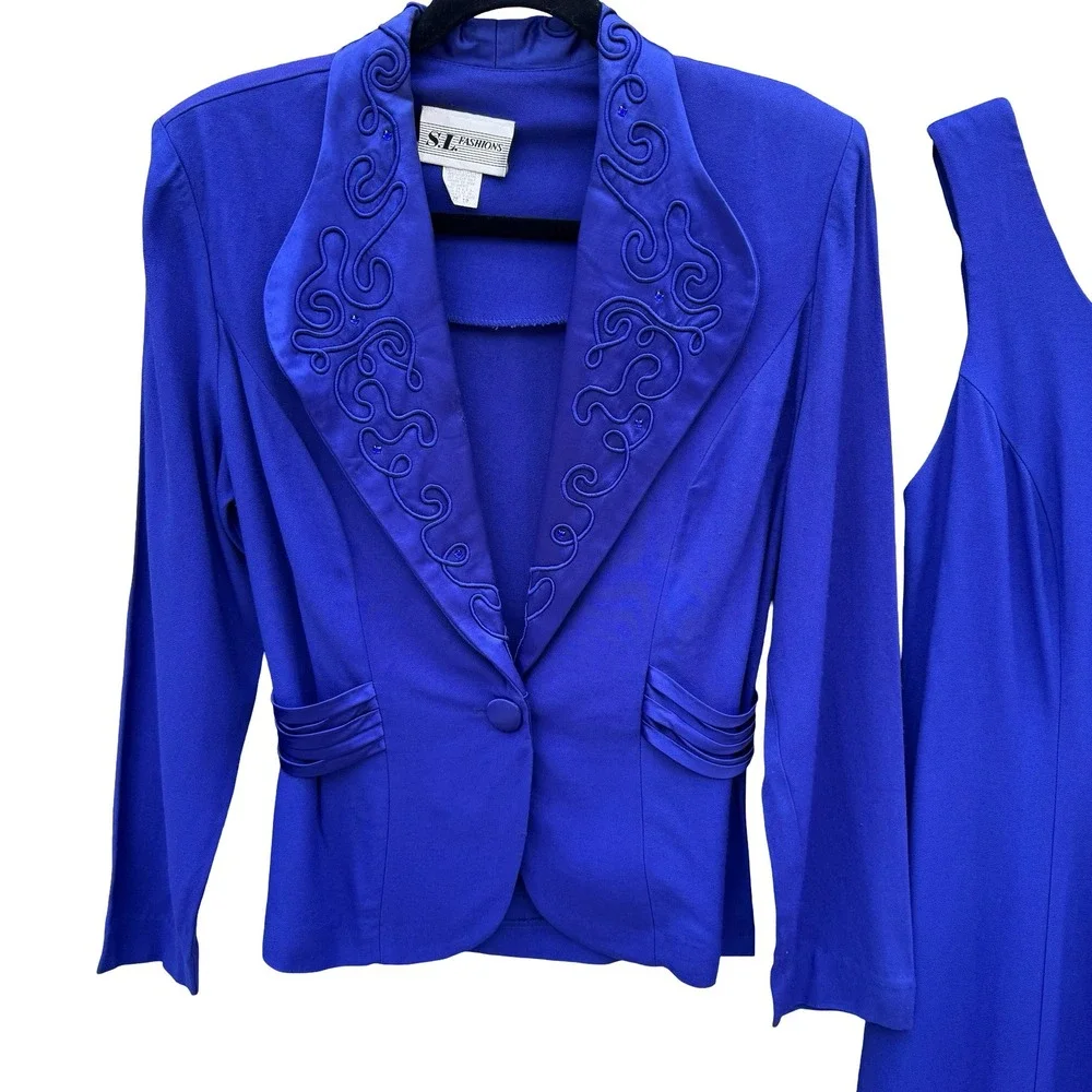 SL Fashions Vintage Royal‎ Blue Dress and Blazer Set Size 10 Soutache Beaded USA